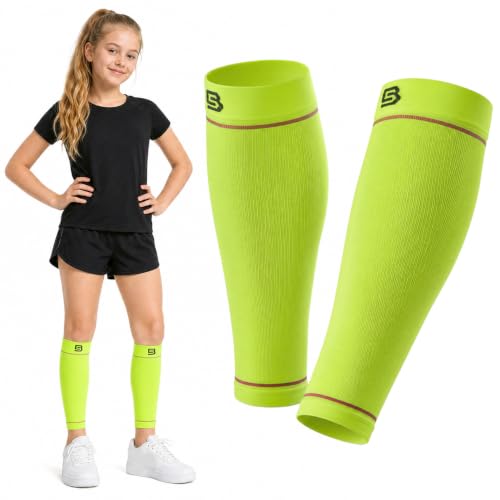 A fluorescent green kids calf compression sleeve — the high-visibility colour and multi-size range built for daily hard wear