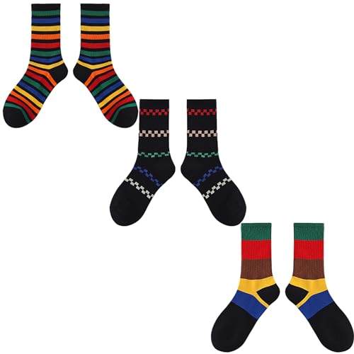 Image of Trendy Women Striped Crew Socks Bulk, Retro 70s 80s Casual Athletic Sock, Slouchy Crew Socks Teens