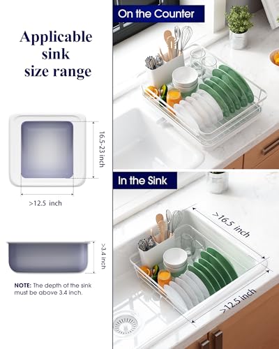 Kitsure Dish Drying Rack for Kitchen Counter, Stainless Steel Sink Organization and Storage Essentials with Cutlery Holder, Home and Appartment Decor, 12''W x 15.5''L, White