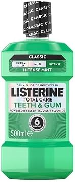 Listerine Total Care Teeth & Gum Intense Taste Classic Daily Fluoride Mouthwash (500ml), Fresh Mint Blast Flavour With 6-in-1 Benefits