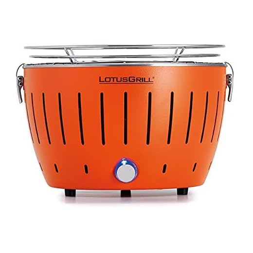 LotusGrill Small Compact arancione modello più piccolo diametro 28 cm della griglia a carbone / da tavolo a bassa emissione di fumi Alimentazione tramite connessione USB o power bank