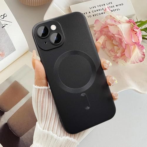 Image of DIZORO Magnetic Case for iPhone 15 Compatible with MagSafe Built-in Camera Lens Protector Slim Soft Silicone Bumper Shockproof Metallic Luster Back Cover Phone Case Black
