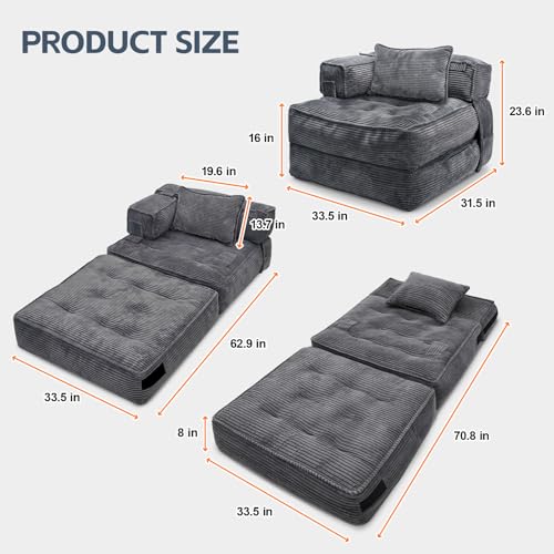 Image of Folding Sofa Bed Chair with Armrests, Convertible Futon Couch Sleeper Chair for Adults, Fold Out Boneless Chair Bed, Foldable Sofa Lounge for Small Spaces, with Pillow, Dark Grey