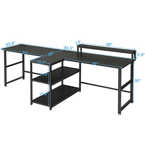SEDETA 94.5'' Two Person Desk with Monitor Stand, Power Strip with USB, Double Computer Desk with Storage Shelves & Keyboard Tray, Extra Long Workstation Desk for Home Office - Image 3