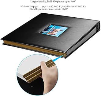 Photo Album Self Adhesive 80 Sticky Pages Leather Cover Scrapbook Photos Book for Christmas Gifts Wedding Large Picture Albums Hold 3x5 4X6 5X7 8X10 Black