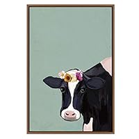 SIGNWIN Framed Canvas Wall Art Black and White Cow with Pink Flowers in Green Background Animals Wildlife Oil Painting Modern Art Chic Portrait Fun for Living Room, Bedroom, Office - 16
