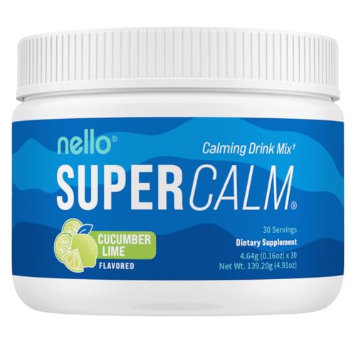 Nello Supercalm Powdered Drink Mix Tub, Cortisol Reducer* and Sleep Aid Supplement, L Theanine, Ksm-66 Ashwagandha, Magnesium Glycinate, Vitamin D 3, No Sugar, Non GMO, 30 Ct, Cucumber Lime