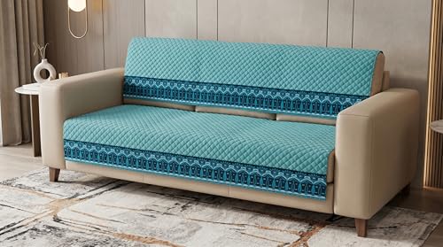 Image of Italian Blue Velvet Sofa Mat, L Shape 3+2 | Full Cover for Seat & Back, Anti-Skid, Machine Washable