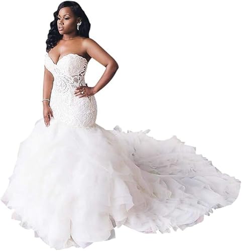 Mermaid Wedding Dresses for Bride Plus Size Wedding Dress Crystal Beaded Tulle Ball Dress Lace Appliques Sweetheart Bridal Gown White PS01-4