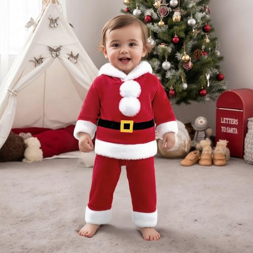 Yccutest Toddler Boy Girl Santa Outfit Kids Infant First Christmas Outfit Baby Hooded Sweatshirt and Pants Set Xmas Clothes2