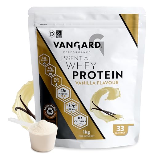 Vangard Essential Whey Protein Powder Vanilla Flavour (1kg - 32 Servings), Soluble Halal Protein Shake, 23g of Protein Per Serving