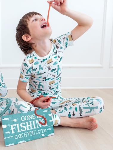KicKee Print Short Sleeve Pajama Set, Baby to Kid, Viscose from Bamboo Fitted Pajamas, Seasonal Collections, Outdoors (Fresh Air Fishing - 3T)2