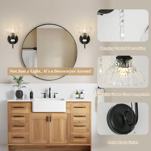 Image of 1 Piece Black Wall Sconce, 1-Light Black Farmhouse Wall Sconce with Hanging Crystal Accents and Flower-Shaped Clear Shades for Bathroom Bedroom Living Room,Vintage Vanity Light