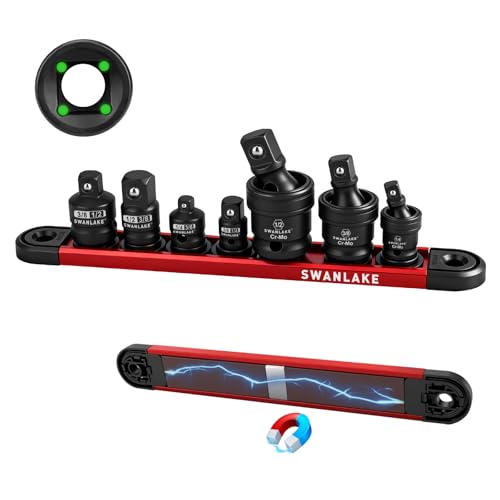 Image of SWANLAKE GARDEN TOOLS 7-Piece Impact Swivel Socket Adapter Set, 1 /4 inch 3 /8 inch 1 /2 inch Drive Universal Joint Socket Set CR-MO Steel, Wobble Joint Sockets Reducer with Magnetic Aluminum Sockets Rail