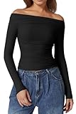 Picture of QINSEN Off Shoulder Crop Tops for Women Long Sleeve Ruched Detail Tees Double Lined Cropped Shirts Black M