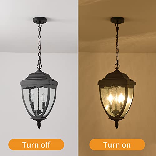 Outdoor Pendant Light Exterior Hanging Lantern, 2-Light Outdoor Hanging Porch Light, Matte Black Finish With Seeded Glass #TOP5