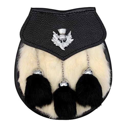 Scottish Kilt Semi Dress Real Leather/Fur Sporran with Three Tassels & Thistle Badge