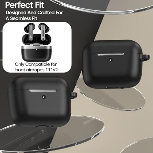 Image of Sounce Soft Silicone Case Cover Compatible with Boat Airdopes 111v2 -Scratch-Resistant Shockproof Protective Skin with Keychain Clip (Black)