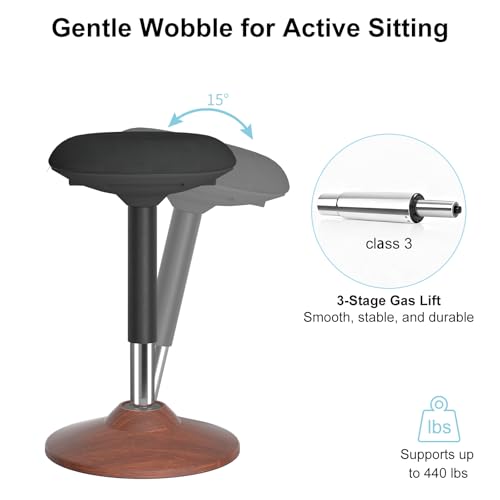 Image of Wobble Stool for Standing Desk,19.7 inch-27.5 inch Height Adjustable,Walnut | ERGO COLLECT Anti-Fatigue Active Stool,Upgraded Non-Slip Base&Full Swivel,Widened Cushion,440lbs Capacity,for Home Office