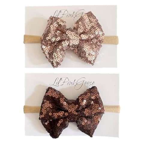LilPinkGoose Baby Girls Neon Glitter Sequins Bow Headbands for Newborn to 1 Year Up Toddlers (Rose Gold,Brown, 2 Count (Pack of 1) Cover