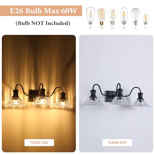 Image of Vintage Bathroom Light Fixtures, 3-Light Matte Black Vanity Light with Flower Glass Shade, Bathroom Lighting Fixtures Over Mirror for Bedroom, Dressing Table