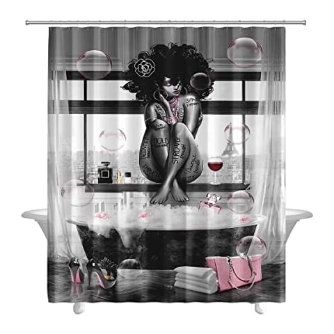 BOLDROLE African American Shower Curtains Fashion Black Girl and Bathtub Shower Curtains 72"x72" Waterproof Polyester Fabric Afro African Black Girl Bathroom Curtain with Hooks for Bathroom Decor Cover