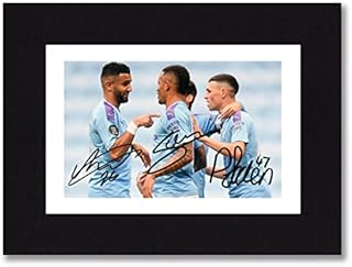 PHIL FODEN, RIYAD MAHREZ & GABRIEL JESUS Signed 8x6 Inch Mounted Photo Print Pre Printed Signature Manchester City Autograph Gift, Ready To Be Framed