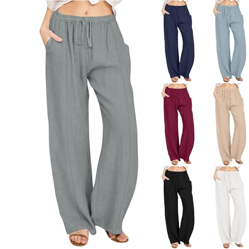 Cotton Linen Pants for Women Casual Straight Leg Trousers Drawstring High Waist Summer Wide Leg Pants with Pockets