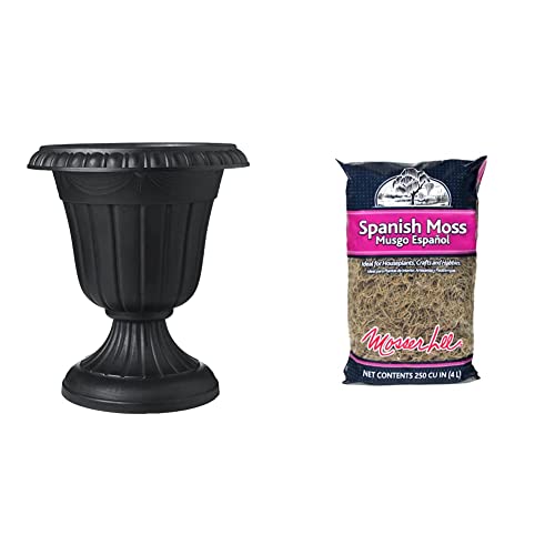 Arcadia Garden Products PL00BK Classic Traditional Plastic Urn Planter, Black & Mosser Lee ML0560 Spanish Moss, 250 Cubic Inches