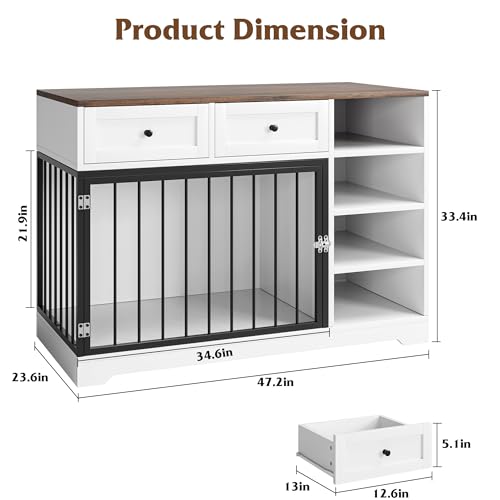 IDEALHOUSE Large Dog Crate Furniture, 47” Dog Crate with 2 Drawers and 4 Shelves, Heavy Duty Wooden Dog Crate, Decorative Dog Indoor Kennel Furniture Indoor with Storage, White - Thumbnail 2