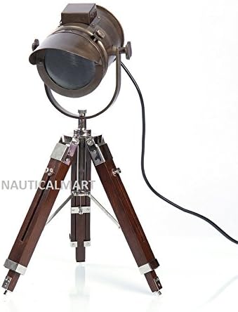 NAUTICALMART Designer Antique Brown Teak Wood Tripod Table LAMP