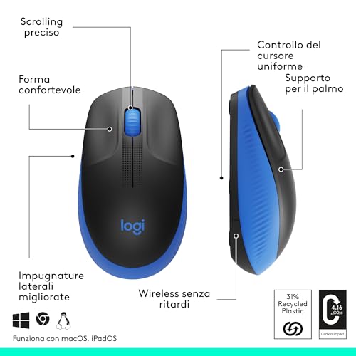 Logitech M190 Mouse Wireless, Design Ricurvo Ambidestro, Batteria Fino A 18 Mesi Con Funzione Risparmio Energia, Ricevitore Usb, Cursore Di Precisione, Rotella Di Scorrimento, Blu - 6
