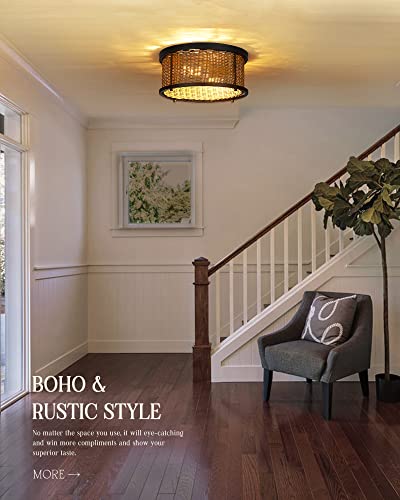 Yklitg Boho Flush Mount Ceiling Light, Hand-Woven Rattan Light Fixtures Ceiling Mount, 12Inch 2 Light Rustic Bamboo Wicker Rattan Chandelier For Hallway Bedroom Kitchen Foyer Entryway, Xdd010-2-Bk #TOP3