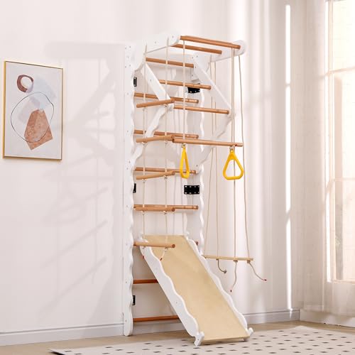 Set di spalliere multifunzionali, struttura per arrampicata in legno per interni,parete da arrampicata, tavola da arrampicata e scivolo, parete da ginnastica,la migliore palestra per 3 anni