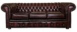 Chesterfield 3 Seater Sofa – Genuine Italian Leather in Antique Oxblood Red – Handmade – Deep Button Tufted Backrest, Scroll Arms, Solid Hardwood Frame & Mahogany Legs – Classic British Design