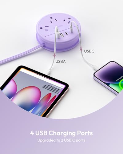NTONPOWER Purple Travel Power Strip with 3 AC Outlet 4 USB(2 USB C), Dorm Room Essentials 4FT Flat Extension Cord, Purple Desk Accessories Compact fo for Hotel Travel Cruise Essentials - image 4