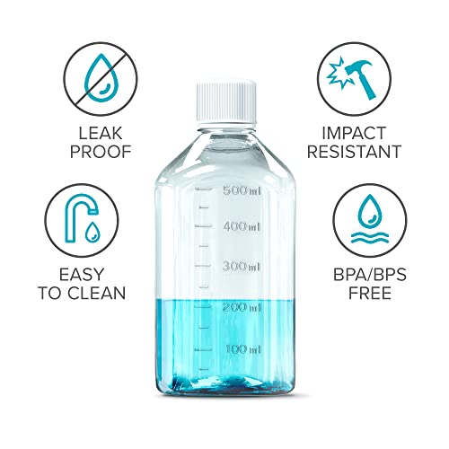 Black Magic 3D 500 ml Plastic Reagent Bottle 4-Pack Laboratory Chemical Storage. Clear Graduated Square PET Plastic Leakproof Bottles.