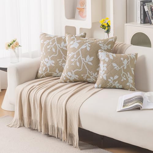 Image of HOKIPO 'Elira Series' Printed Quilted Cushion Cover for Sofa 22x22 Inches, Set of 2, Buff Brown Sillehoute Floral (AR-6232-C7*2)