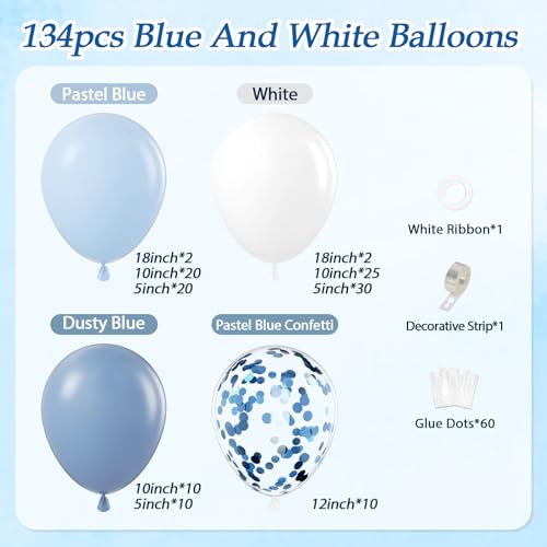 134pcs Blue and White Balloon Arch Kit, Blue and White Balloons with Dusty Blue Confetti Balloons for Anniversary Gender Reveal Wedding Baby Shower Birthday Party Decorations