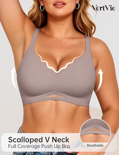 Image of Vertvie Jelly Bras for Women No Underwire Supportive | Seamless Wireless Bralette, Cool Breathable Mesh, Push Up Scalloped V-Neck, Full Coverage Tshirt Bra, Soft Comfortable