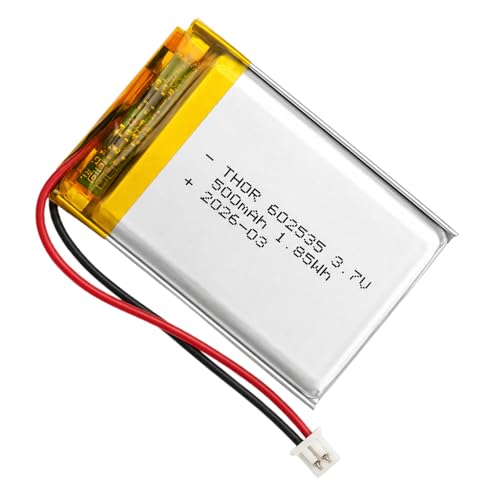 THORPOWER 2 Pack 3.7V 500mAh 602535 Rechargeable Lipo Battery with Micro JST 1.25 Connector, Lithium Polymer Battery Pack for Bluetooth Speaker, GPS, Smart Watch and Wireless Device