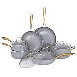 Gr8 Home Grey Gold 10 Piece Induction Non Stick Aluminium Kitchen Cookware Set Casserole Cooking Pot Frying Pan Saucepan with Glass Lids