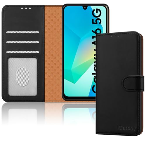 iCatchy for Samsung A16 Case – Leather Wallet Cover, Book Flip Folio with Kickstand, Magnetic Closure, RFID Blocking, Shockproof Protection for Galaxy A16 5G / A16 (Black)