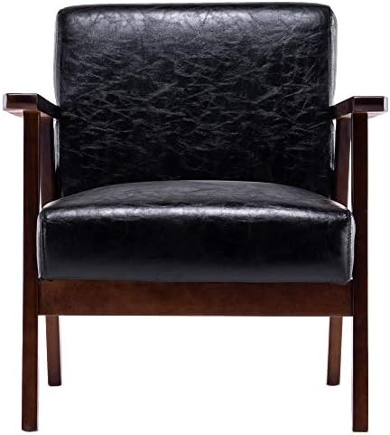 Leather Wood Cushion Armchair Tub Chair Retro Chair Vintage Single Sofa for Living Room Bedroom (Black, One Size)