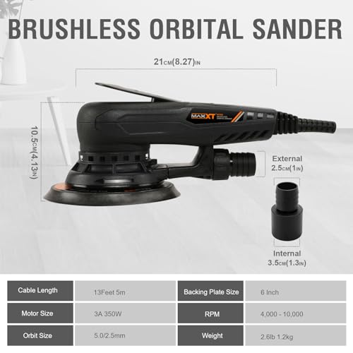 MAXXT Electric 5mm Random Orbital Sander, Brushless 350W 3A Palm Sander, Multi-Function Variable Speed Electric Corded Orbital Sanders Machine with 6Inch Sanding Pad, 10 Sanding Paper for Woodworking by MAXXT - Image 6