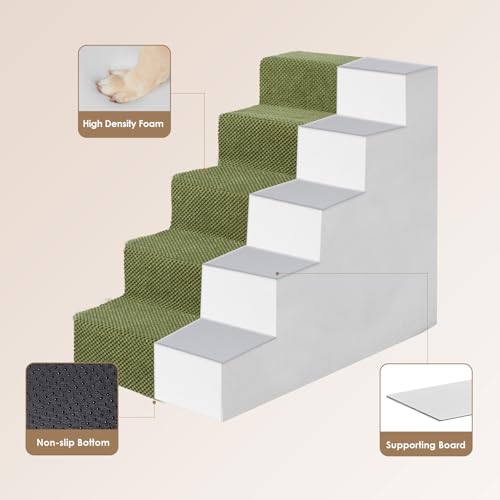 Image of EHEYCIGA Dog Stairs for High Bed 22.5 inch H, 5-Step Dog Steps for Bed, Pet Steps for Small Dogs and Cats, Non-Slip Balanced Pet Ramp Indoor, Olive Green