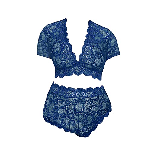 Plus Size Sexy Lingerie V Neck High Waist Floral Lace Criss Cross Bra and Panty 2 Piece Set No Navy Blue (Blue, XXXL) 3X-Large - Image 4