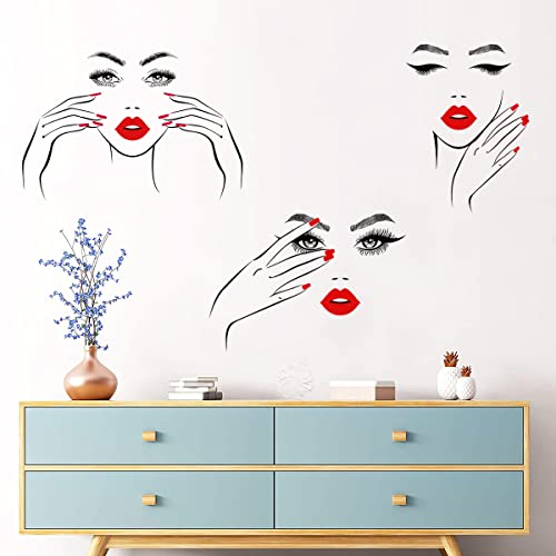 Mefoss Removable Beautiful Woman Sexy Face Wall Decal Fashion Woman Eyes Eyelash Red Lips Wall Stickers Peel And Stick Charming Beauty Outline Wall Art Decor Decals For Woman Girls Bedroom Dressroom Mirror Beauty Salon Wall Decoration #TOP1