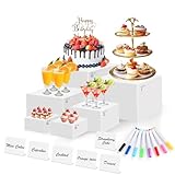 6 Pcs White Acrylic Buffet Risers with Mini Sign and Maker, Food Display Stands for Buffet Table Party Catering Dessert Jewelry Collectibles,Nesting Cube Boxes with Hollow Bottoms (8',7',6',5',4',4')