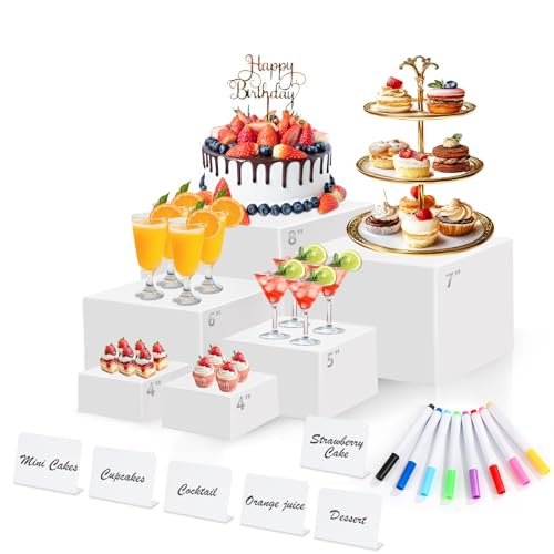 6 Pcs White Acrylic Buffet Risers with Mini Sign and